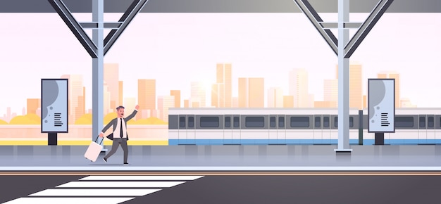 Vector businessman running to catch train business man with luggage on railway station city public transport male cartoon character cityscape