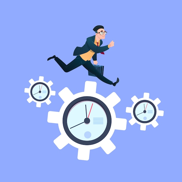 Businessman running on clock cogwheels over blue background gear deadline process strategy concept flat