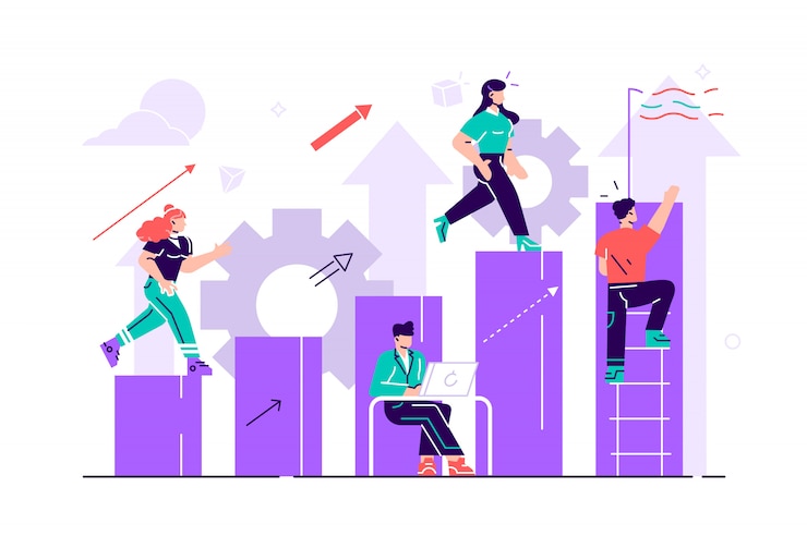 Vector businessman running down the stairs to the goal in the form of a flag. career planning. career development concept. team work. flat style  illustrationfor web page, social media, documents.