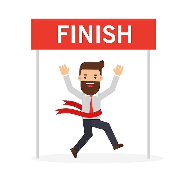 Businessman running to finish with red ribbing