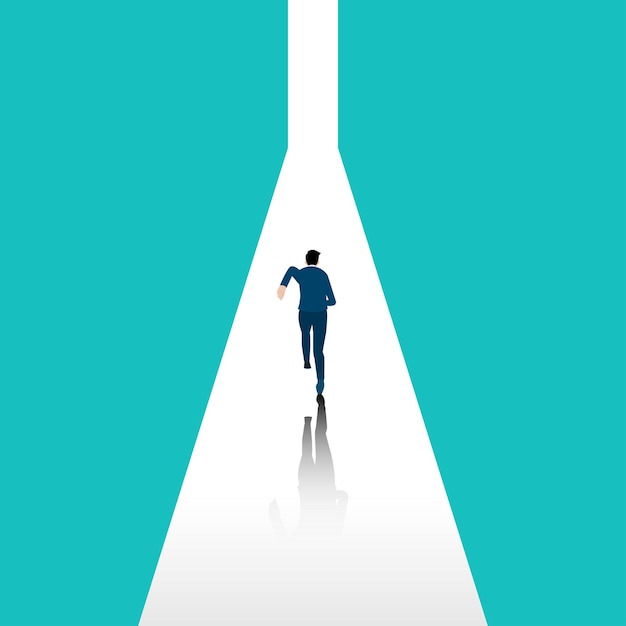 Businessman running go to exit door concept leader winner of
business leadership achievement career vector illustration
flat