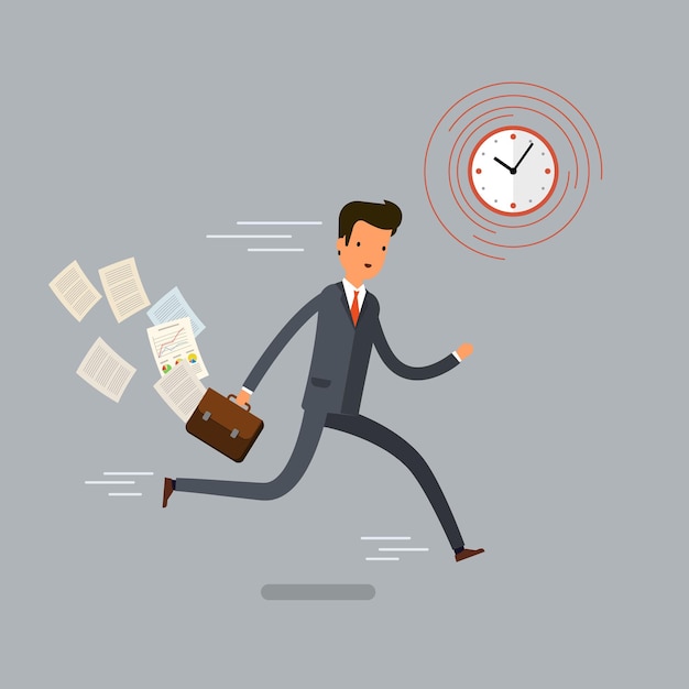 Vector businessman running and hurry up. flat design, vector illustration