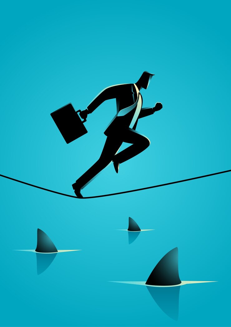 Businessman running on rope with sharks underneath