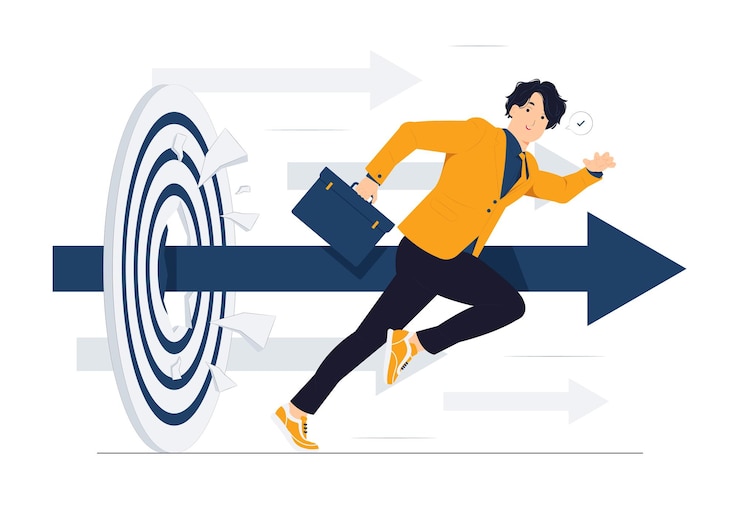 Vector businessman running rushing forward and breaking target archery to successful business plan market targeting target with an arrows and achieve target goals achievement concept illustration