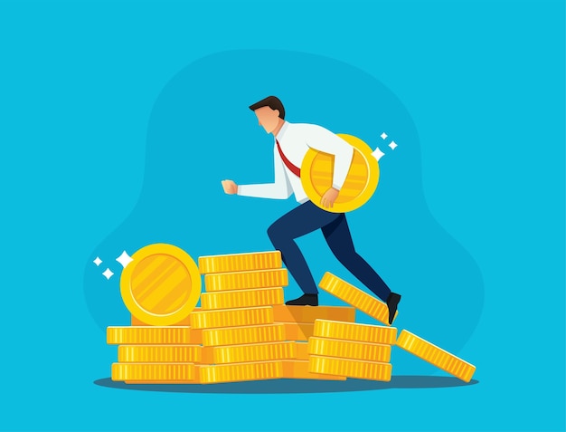 Businessman running on stack of gold coins