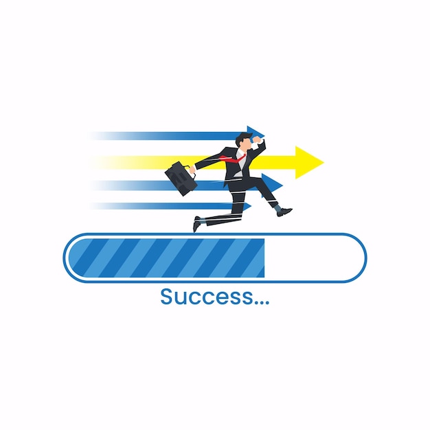 Vector businessman running on success loading bar success process in progress vector illustration