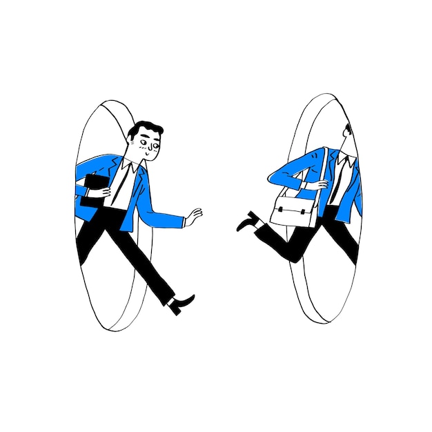 Vettore uomo d'affari che corre attraverso un tunnel illustrazione disegnata a mano in stile doodle