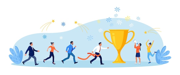 Businessman running to trophy crossing finish line and tearing ribbon business success or achievement skill or effort to succeed in work competitive process in business way to achieve the goal