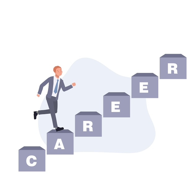 Businessman running up on career stairway growth Career development concpet Vector illustration