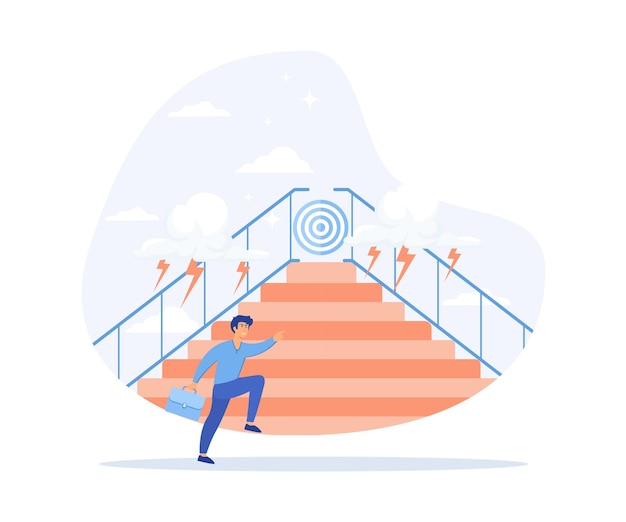 Vector businessman running up stairway to the target challenge trouble obstacles path to the goal flat vector modern illustration