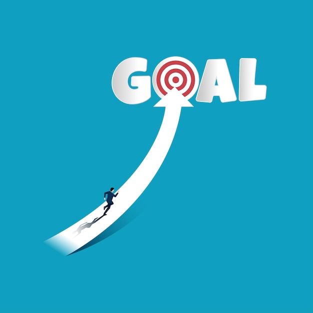 Vector businessman running on the upward arrow into the goal