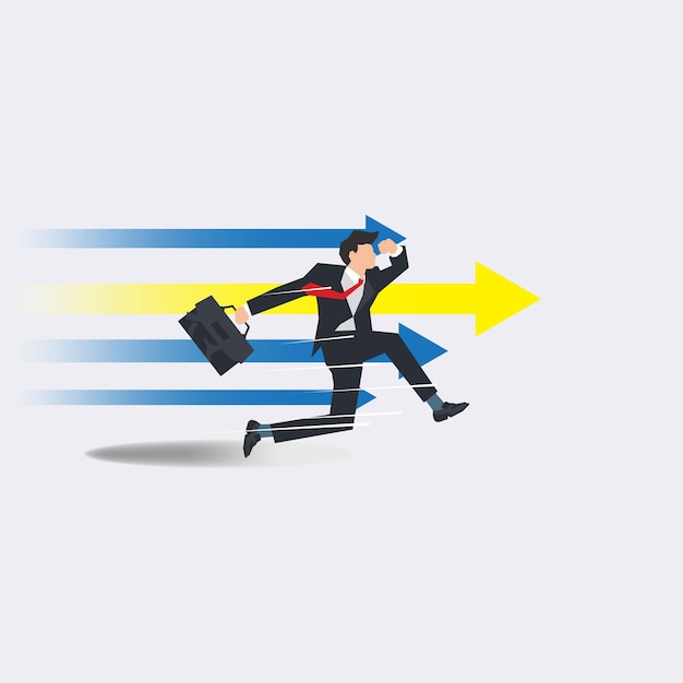 Businessman running with arrows forward direction pursuit of career and business success illustration