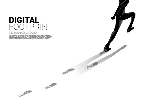 디지털 도트 픽셀에서 발자국을 실행하는 사업가. 디지털 전환 및 디지털 발자국의 비즈니스 배너.