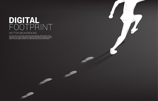 Businessman running with Footprint from digital dot pixel. business banner of digital transformation and digital footprint.