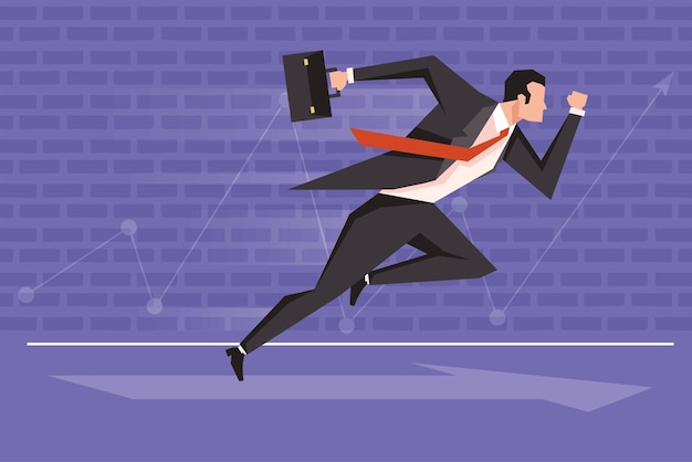 Vector businessman running with portfolio scene