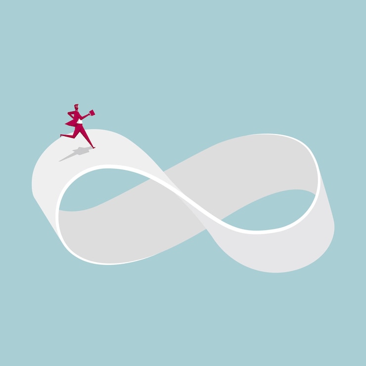 Businessman runs on the infinity symbol. Isolated on blue background.