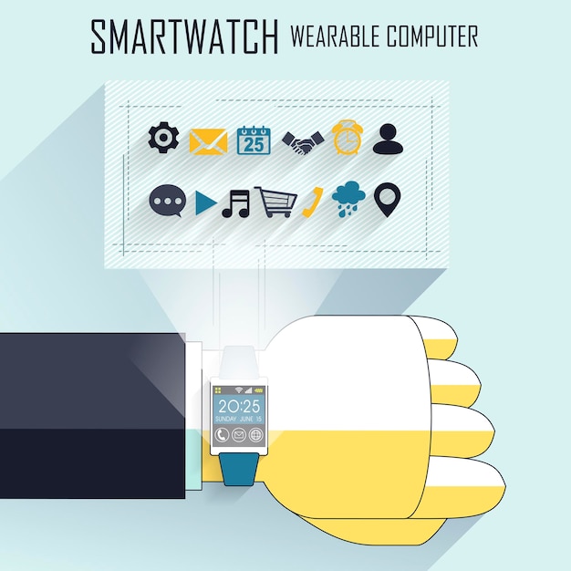Businessman's hand with smart watch and technical icons in line style