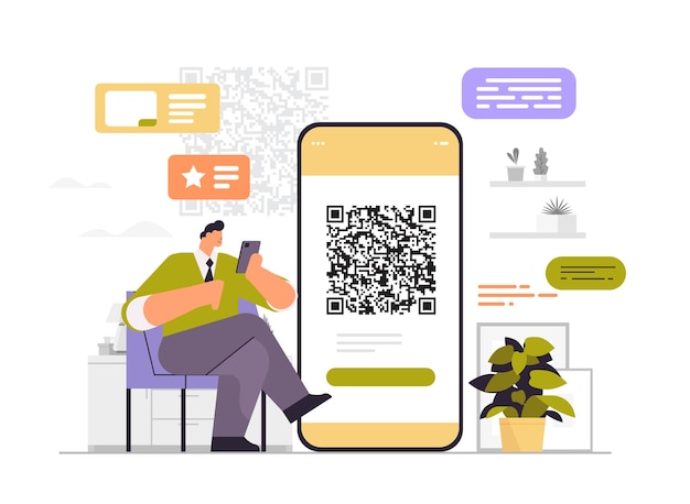 Vector businessman scanning qr code on smartphone screen readable barcode verification concept horizontal full length vector illustration