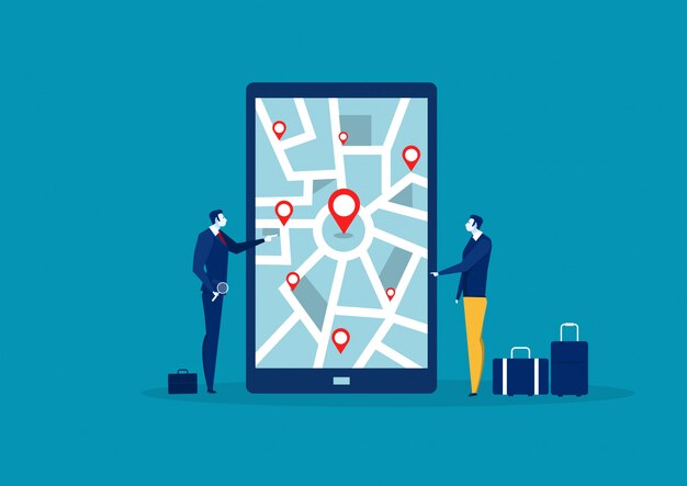 Businessman searching for location on  mobile phone map.vector