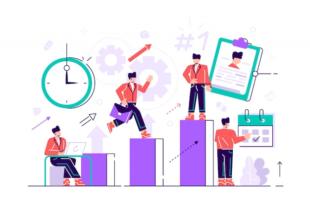 Vector businessman sets goals and runs up on graph columns for success on time. self-management, self regulation learning, self-organization course concept. bright vibrant violet  isolated illustration