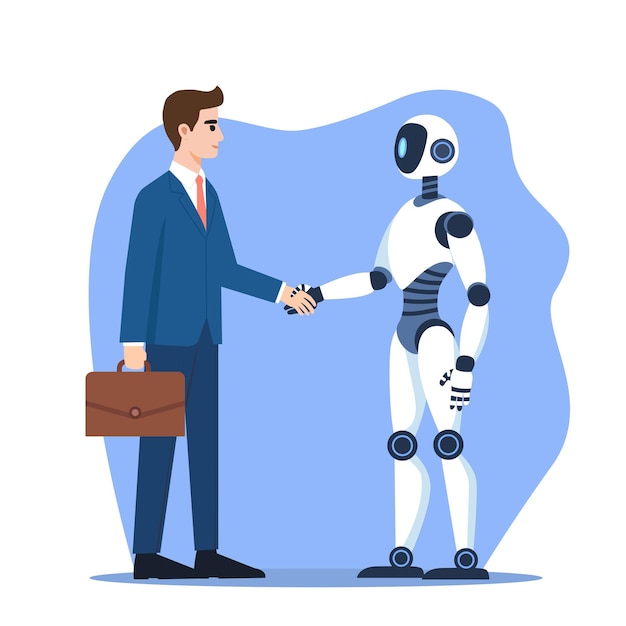 ビジネスマンとロボットの握手 ビジネスと人工知能 ビジネスにおける機械学習 ベクトルイラスト
