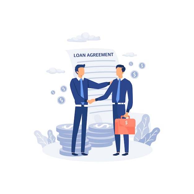 Businessman shaking hand with loan agreement personal loan or financial support concept flat vector modern illustration