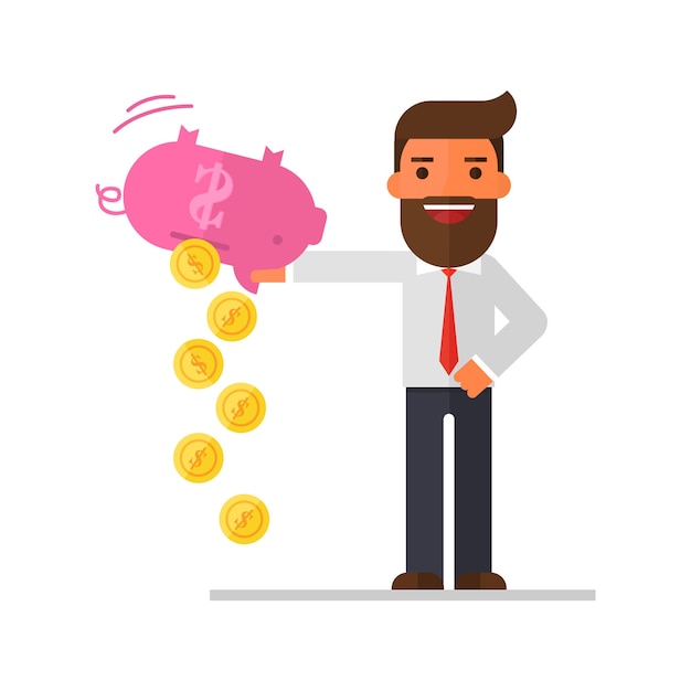 Businessman shaking money from piggy bank