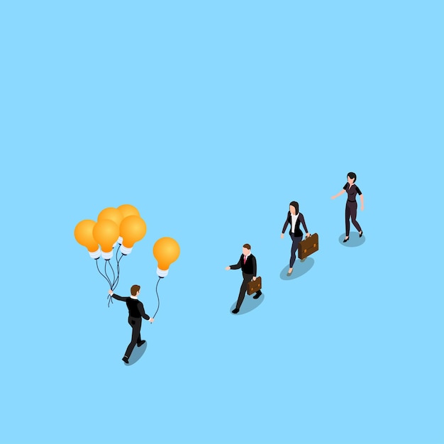 businessman sharing knowledge to another businessmen symbolize by light bulb balloons