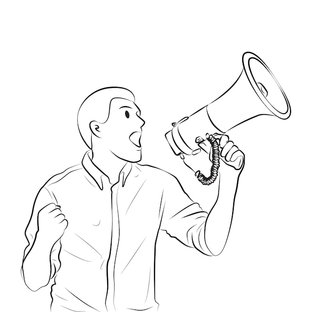 businessman shouting into megaphone Line art Cartoon illustration