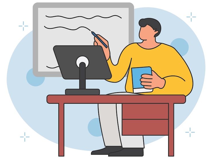 Vector businessman showing analysis on screen illustration