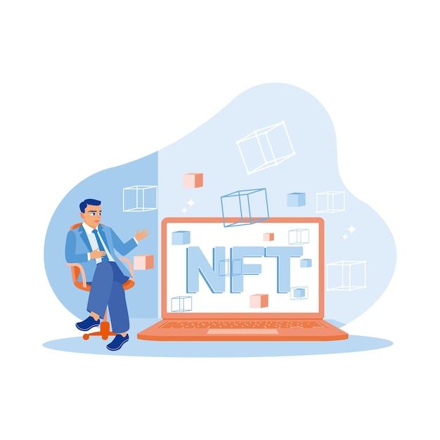 NFTホログラムデータブロックとバーチャルアートをラップトップ画面で示すビジネスマン APP devs コンセプト