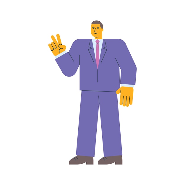 Businessman shows two fingers gesture and smiles