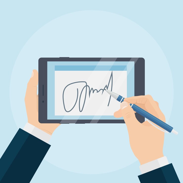 Vector businessman signing contract with digital signature on tablet