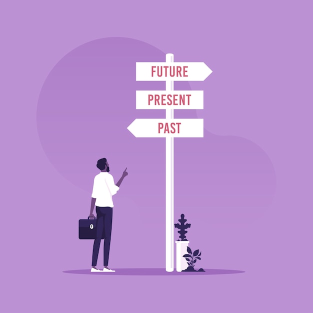 Businessman and a signpost arrows showing three different options past present and future course