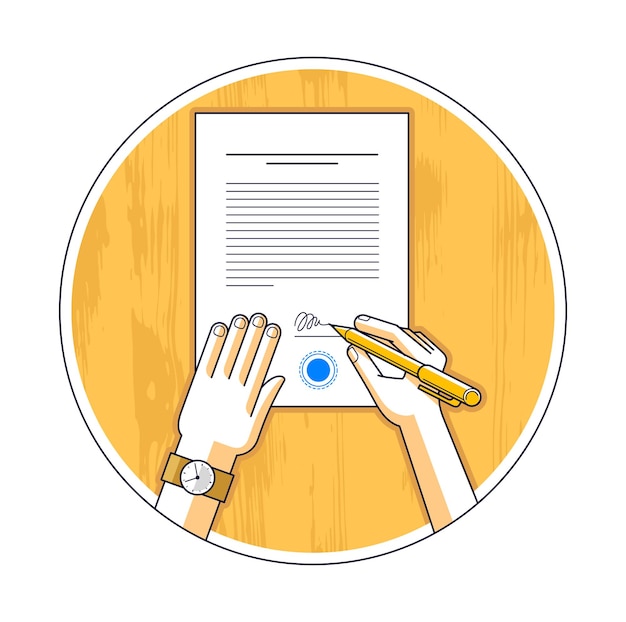 Vector businessman signs contract official paper document with seal, boss signs a order or directive, approve disposal, ceo manager chief, top view of desk with man hands. vector illustration.