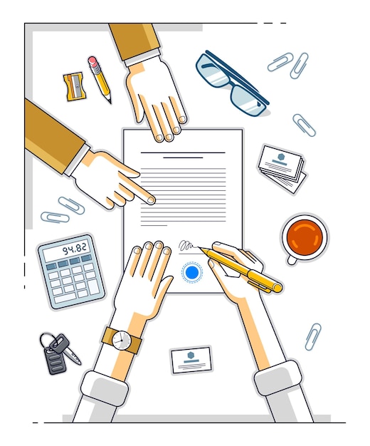 Businessman signs contract paper document or bank customer write a sign on financial form of money credit and employee helps him and explains the terms of loan, top view of people hands. Vector.