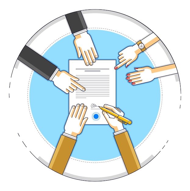 Businessman signs contract paper document or bank customer write a sign on financial form of money credit and employees helps him and explains the terms of loan, top view of people hands. Vector.