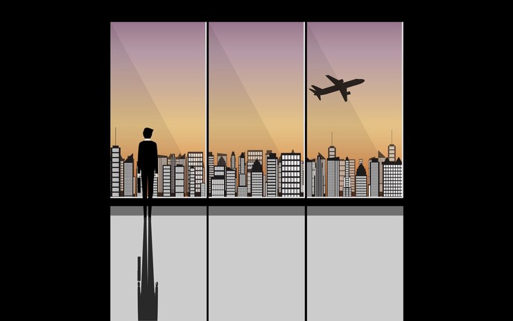 Vector businessman silhouette standing in front a window in sunset