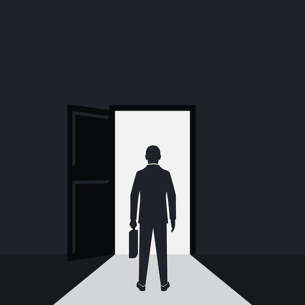 Businessman silhouette walking to opened door