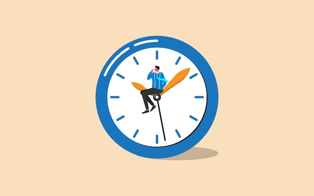 時計に座っているビジネスマン 時間の遅延または仕事生活の怠惰なフラットベクトルデザイン