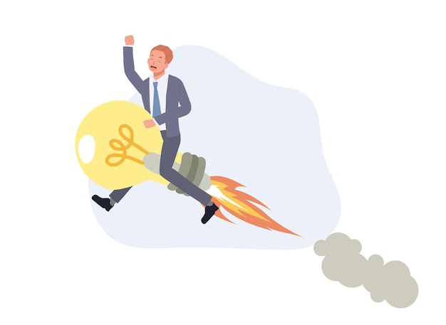 Vector businessman sits on flying rocket light bulb creative idea or inspiration concept vector illustration