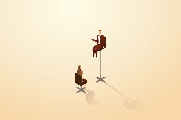 L'uomo d'affari si siede su una sedia da ufficio in alto sopra una normale donna d'affari seduta su una sedia. divario di genere concetto disuguaglianza disparità nel lavoro. illustrazione vettoriale isometrica.