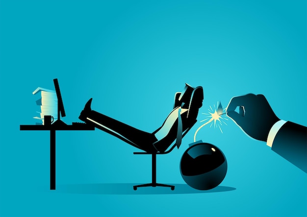 Vector businessman sits relaxed in his chair oblivious to the hand igniting a bomb behind him it's a representation of interplay of trust and vulnerability within professional relationships