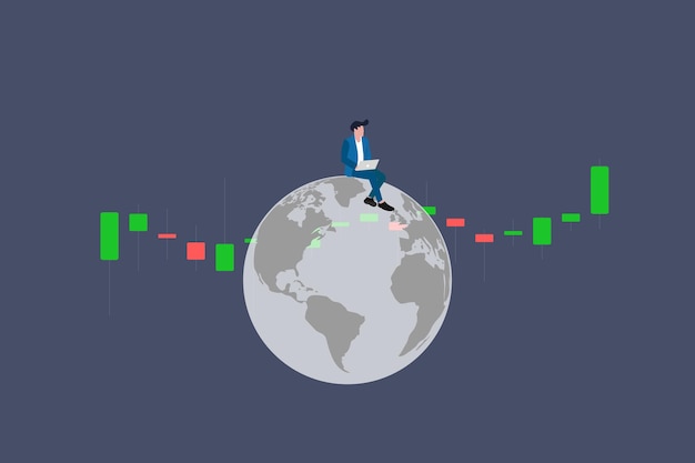 Vector businessman sitting on the big globe with financial graph business opportunity stock market trading and financial analysis