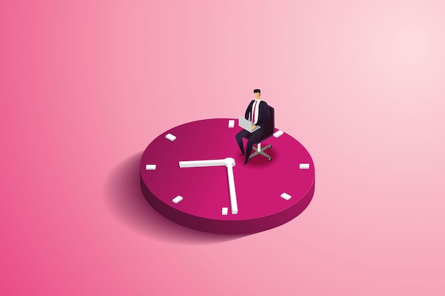 Vector businessman sitting in a chair on a large clock