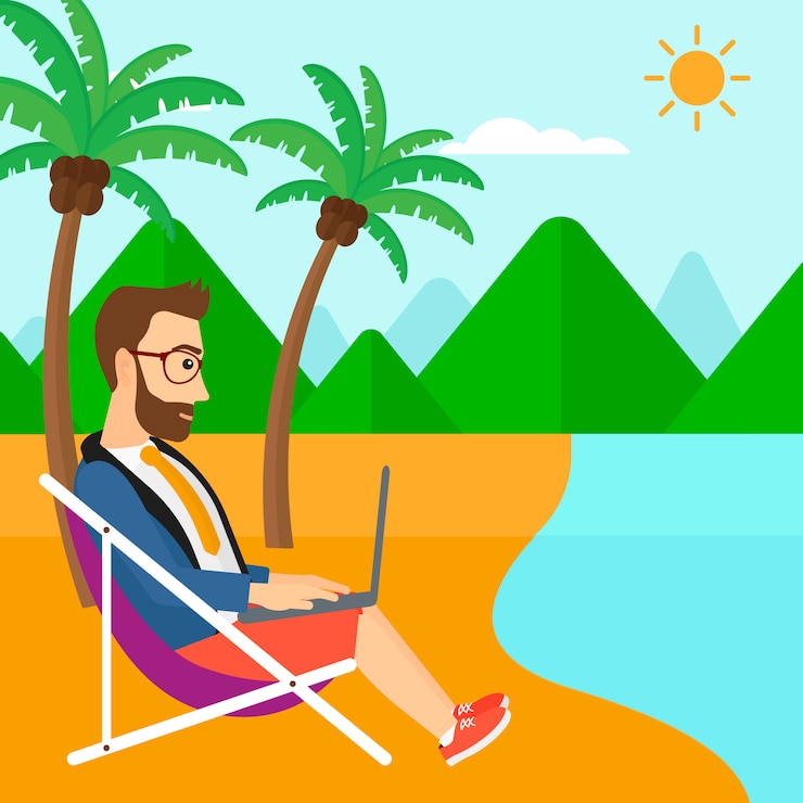 Vector businessman sitting in chaise lounge with laptop