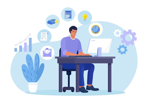 Businessman sitting at computer in office and doing many tasks at the same time Freelance worker Multitasking skills effective time management and productivity concept