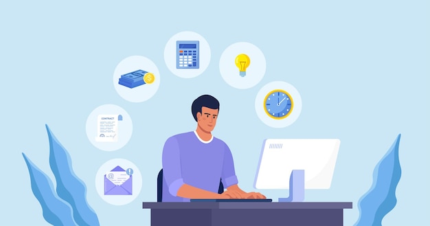 オフィスのコンピューターに座って同時に多くのタスクを実行するビジネスマンフリーランスの労働者マルチタスクスキル効果的な時間管理と生産性の概念