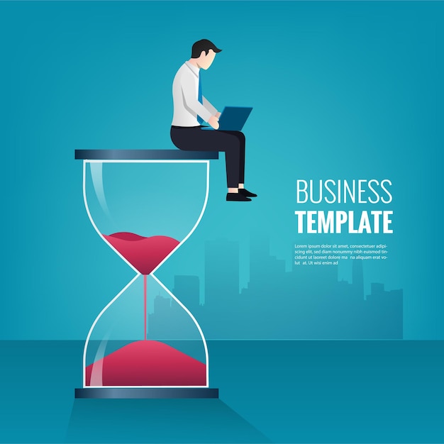 Vector businessman sitting on hourglass and work with his laptop. productivity and time management  illustration