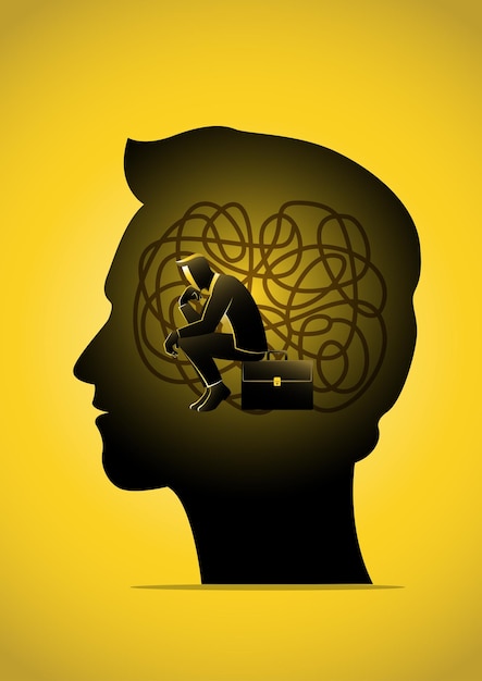 A businessman sitting in human head with tangled cords